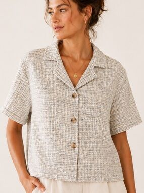 Bouclé Tweed Button-Up Short Sleeve Shirt Blouse Size M